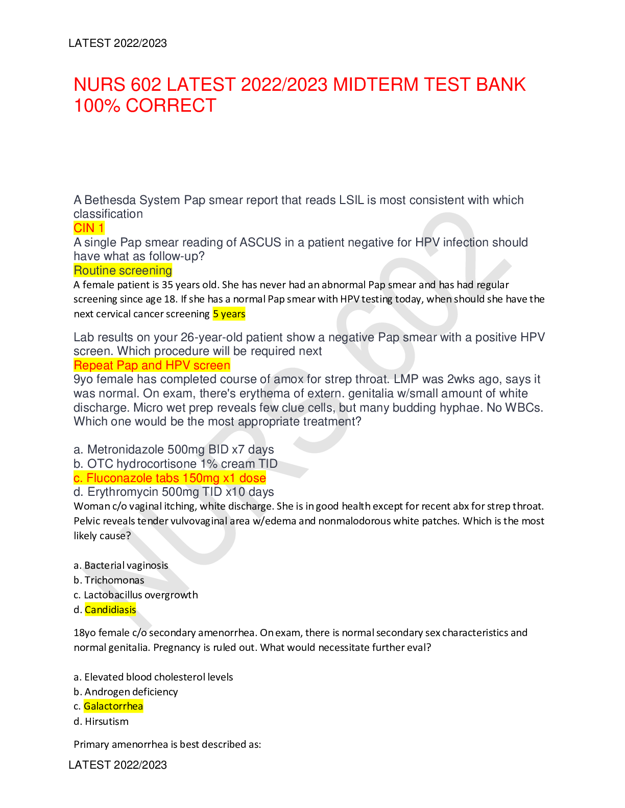 Preview of NURS 602 LATEST 2022/2023 MIDTERM TEST BANK 100% CORRECT